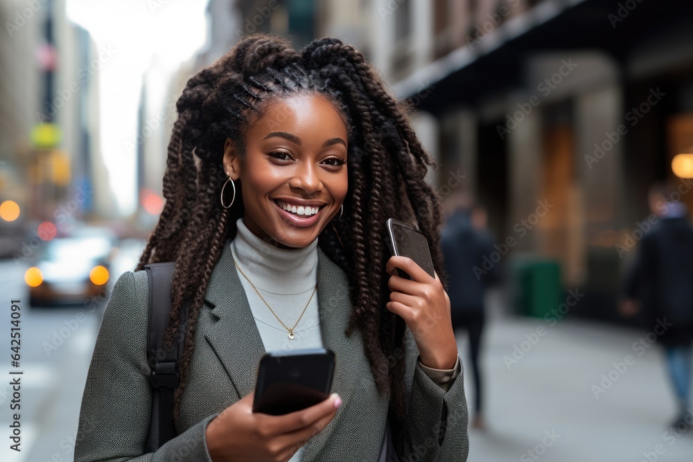 Black African American young business woman walking street using smartphone on city street - obrazy, fototapety, plakaty 