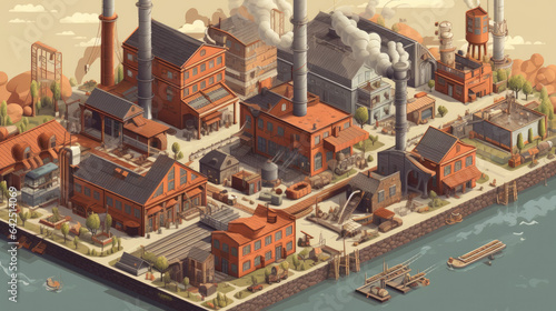 Flat vector illustration of the industrial revolution showing machines, factories, and water vapor.