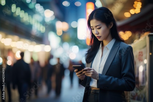 Young Asian business woman using smart phone on city street at night evening