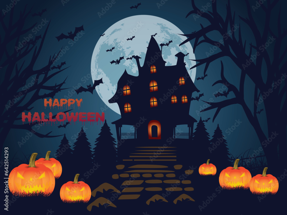 Halloween background with a moon glowing pumpkins illustration design