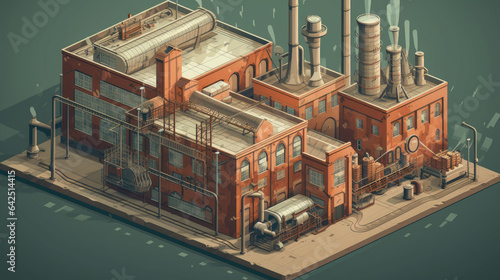 Flat vector illustration of the industrial revolution showing machines, factories, and water vapor.