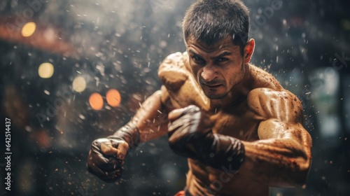 a closeup photo of a professional martial arts fighter having a fight on a boxing ring. epic action scene beating with water splash effect. pc desktop wallpaper, 16:9, 4k. blurry. Generative AI photo