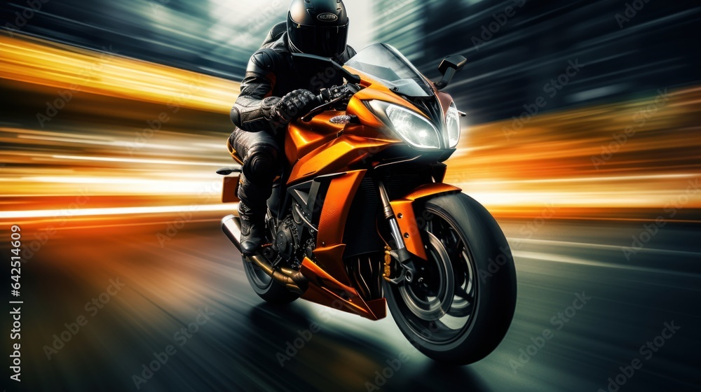 Fototapeta premium motocross rider biker driving on a motorcycle with high speed in motion. blurry lights city street road background. motorcyclist with helmet and equipment. Generative AI