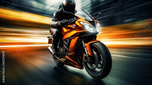 motocross rider biker driving on a motorcycle with high speed in motion. blurry lights city street road background. motorcyclist with helmet and equipment. Generative AI