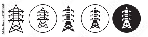 Electrical tower icon. High voltage electric power line pole symbol. Vector set of electricity cable structure. Flat outline of energy grid wire station in industry supply chain logo
