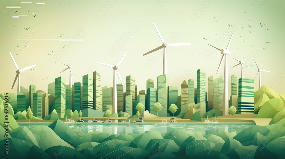 Green industry and clean energy on eco friendly cityscape background.Paper art of ecology and environment concept.Vector illustration.