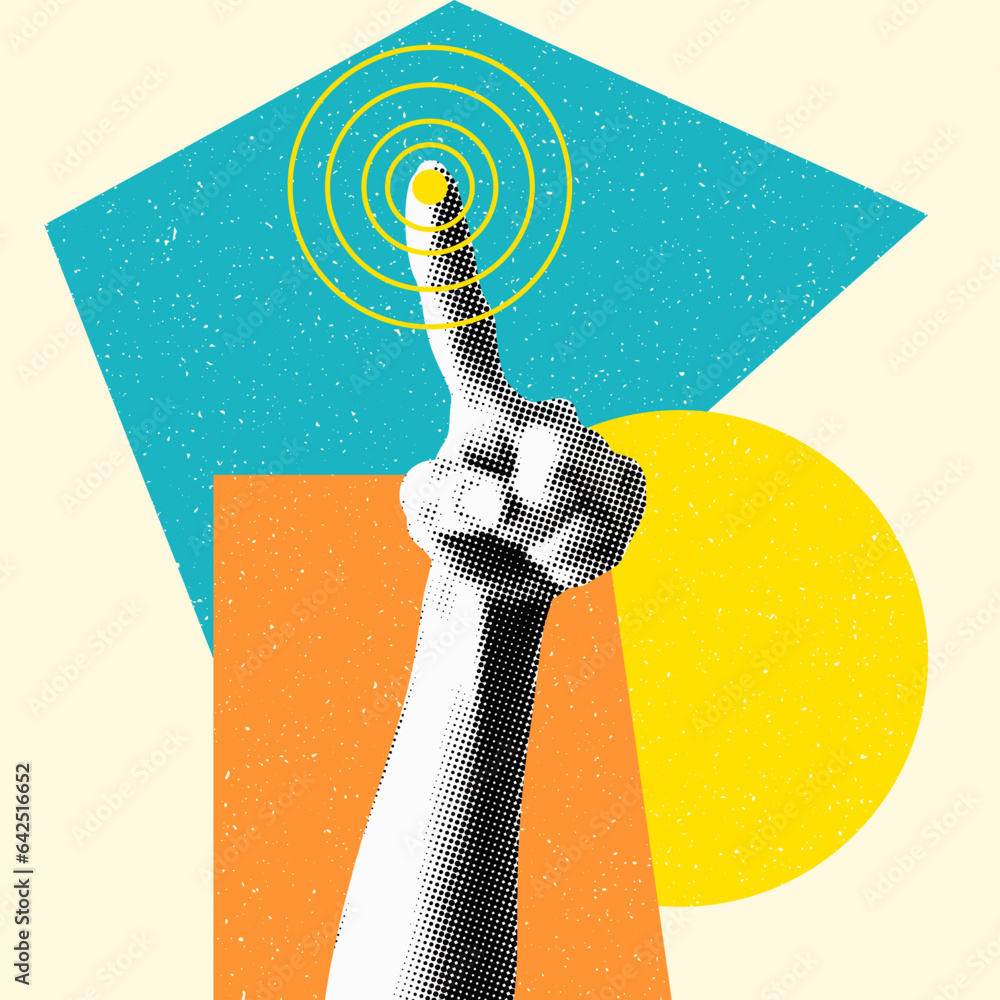 Hand with a finger that presses a touch button. Retro halftone hand