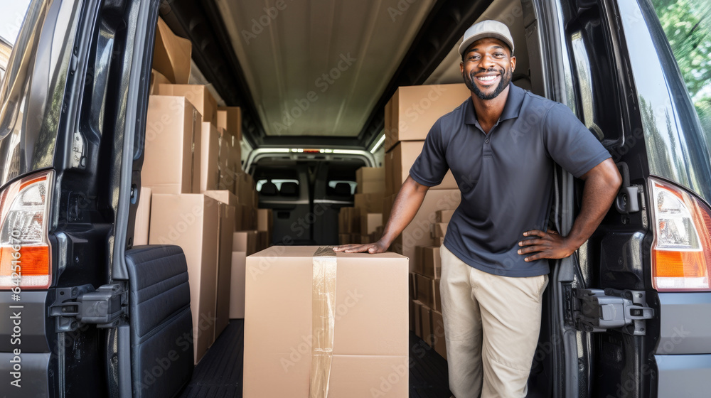 Delivery man standing in his van, shipping and parcel package, courier and delivery truck concept, african american, black, mover - obrazy, fototapety, plakaty 
