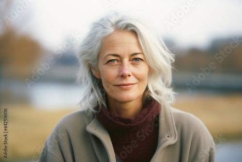 Smiling middle age grey-haired woman on the beach. Autumn