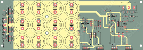 Vector printed circuit board of an electronic 
device with components of radio elements, 
conductors and contact pads placed on it. 
Engineering drawing.
