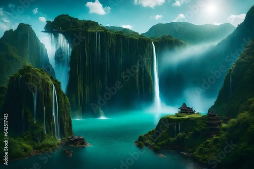 A blank canvas into a surreal image featuring floating islands and cascading waterfalls