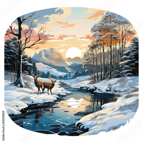 A serene winter landscape, baby reindeer amidst a snowy forest, with a gentle stream flowing through, a feeling of calm and tranquility in the scene, Generative Ai