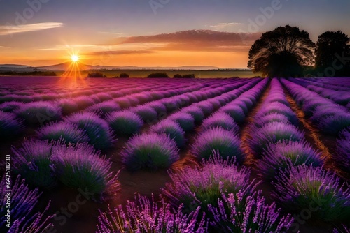 A breathtaking sunrise over a vast field of lavender, with hues of purple and orange painting the sky