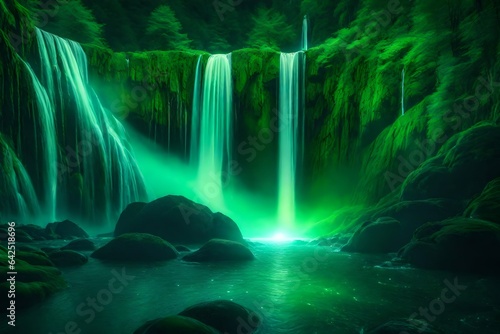 A celestial waterfall flowing from the moon into a lush green forest