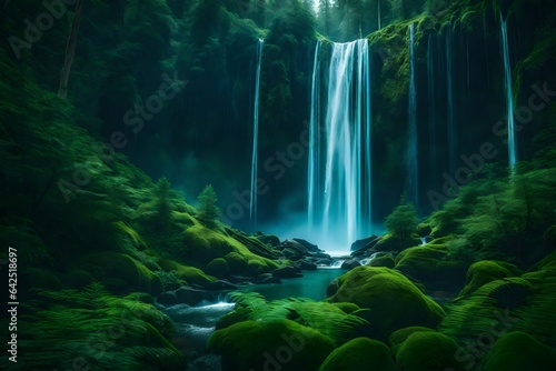 A celestial waterfall flowing from the moon into a lush green forest
