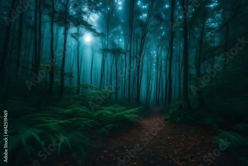 A cloudy forest into an eerie scene with mysterious glowing orbs among the trees