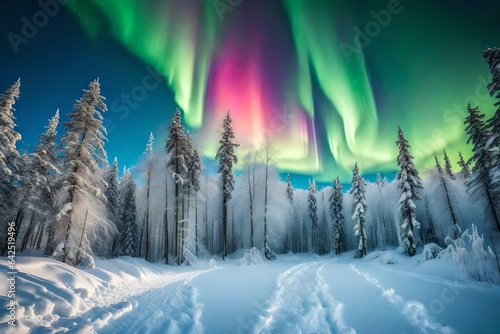 A cloudy sky into a breathtaking display of the Northern Lights dancing above a snowy landscape © Muhammad
