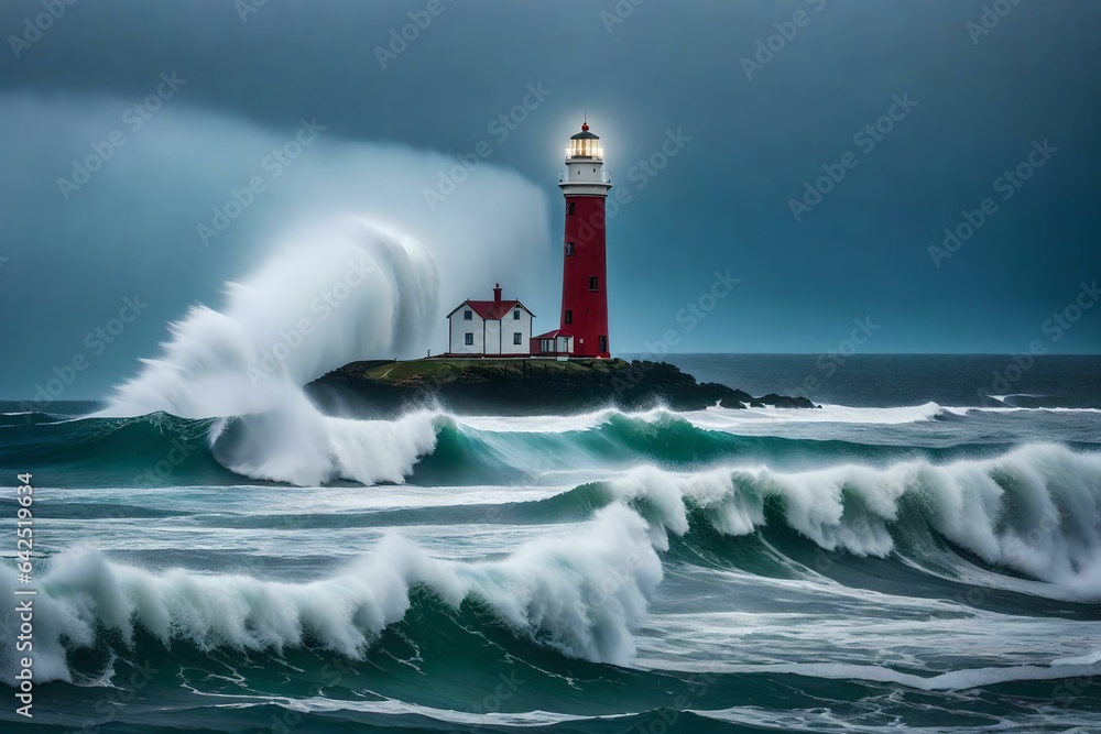 A coastal lighthouse standing tall amidst stormy weather and crashing waves