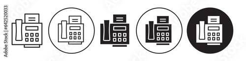 Fax Machine Icon. Document Printer ink jet symbol. Vector set of business file telefax instrument  to email communication device. Flat outline of paper print equipment with telephone logo