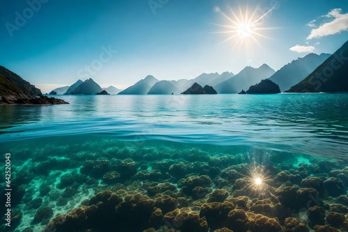 A crystal-clear bay with transparent water and a school of rays gracefully gliding