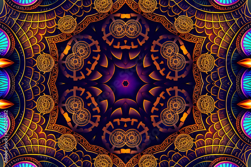 3d render, abstract background of floral kaleidoscope, colorful paper flowers ornament. Modern wallpaper. 3d Illustration