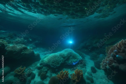 A deep sea trench with bioluminescent creatures illuminating the darkness