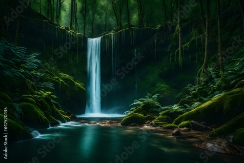 A dense forest with a hidden waterfall