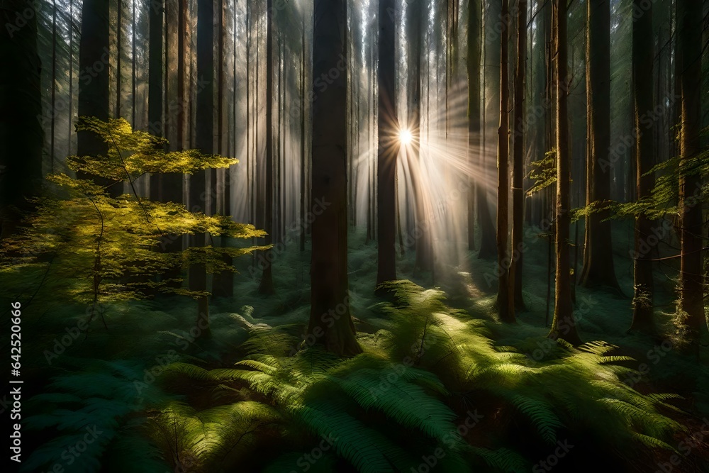 A dense, ancient forest with towering trees and a vibrant undergrowth, where rays of sunlight filter through the canopy