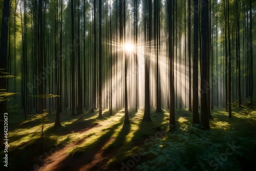 A dense forest with rays of sunlight shining through the trees