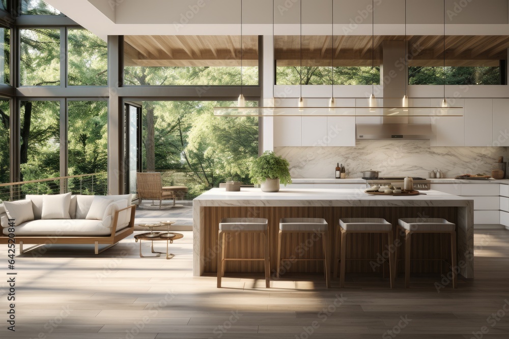 Natural Organic Zen Modern Kitchen Interior with Sitting Area and Open Nature Views 