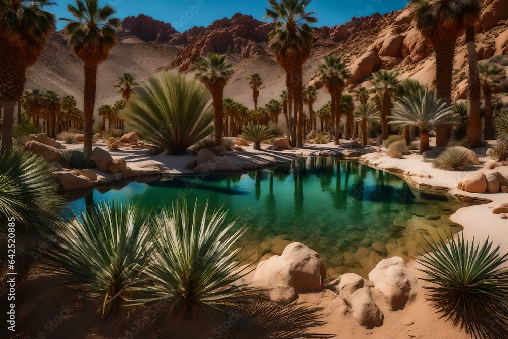 A desert oasis with lush palm trees and a freshwater spring