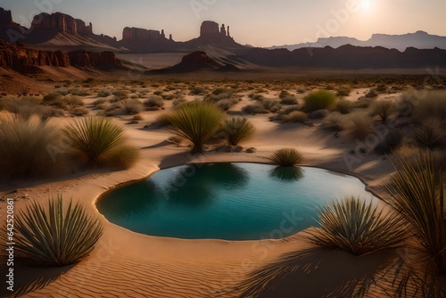 A desert oasis with floating water orbs providing sustenance to wildlife