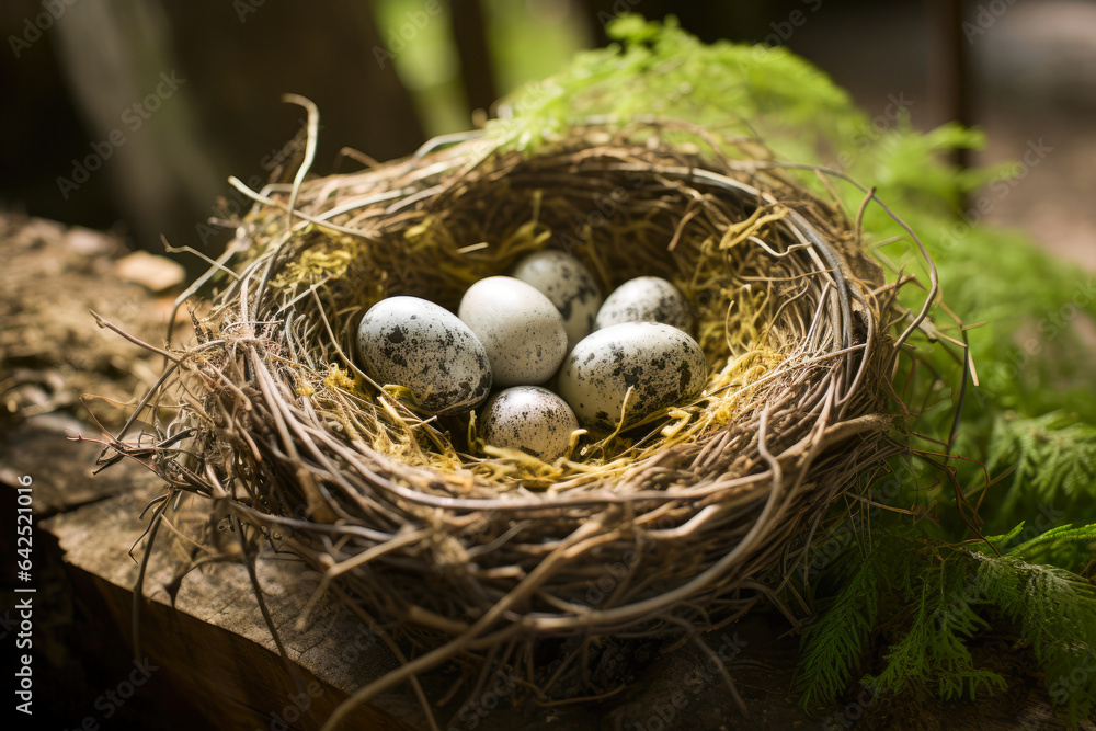 Nest with blue eggs in the spring. Close-up. Nest with blue eggs in the spring. Close-up.