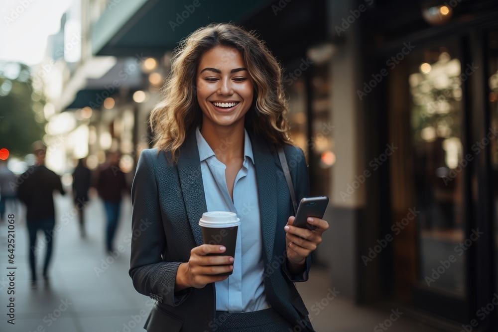 Young business woman walking street holding a cup of coffee and cellphone - obrazy, fototapety, plakaty 