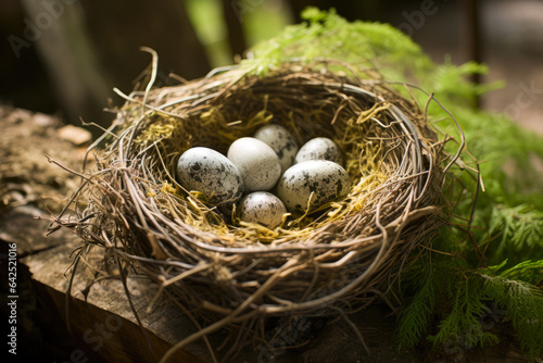 Nest with blue eggs in the spring. Close-up.