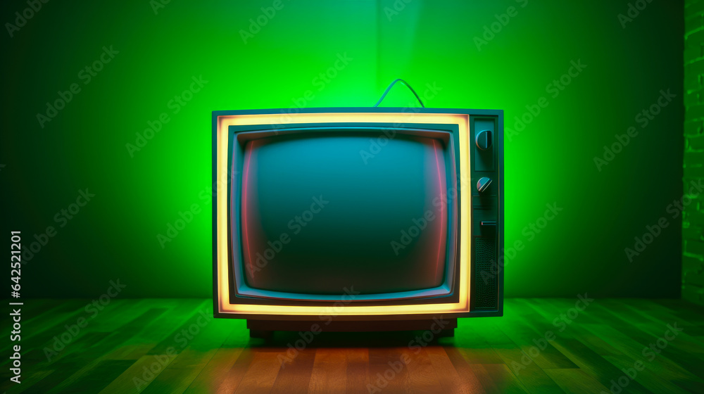 Retro TV on a green wall background.