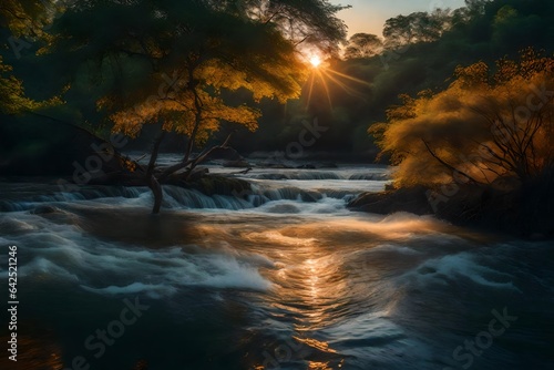 A flow of water in river and a tree inside the river the scene was capture at sunset