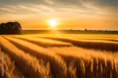 A golden sunrise casting warm rays over a vast wheat field