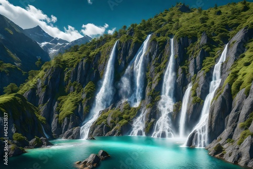 A gravity-defying mountain range with waterfalls flowing upwards