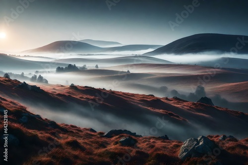 A hauntingly beautiful image of a misty moorland landscape shrouded in fog