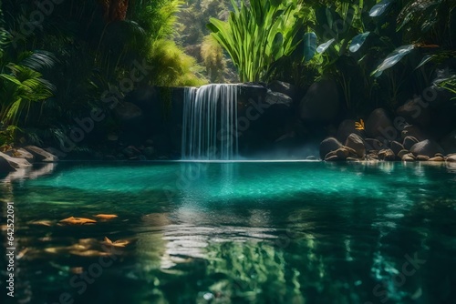 A hidden oasis with a spring of transparent water and small fish splashing about