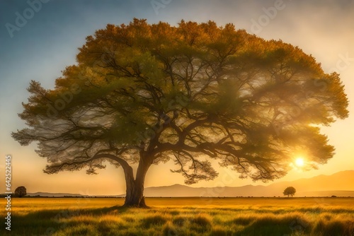 A lone tree on a vast meadow, under a golden sunset sky