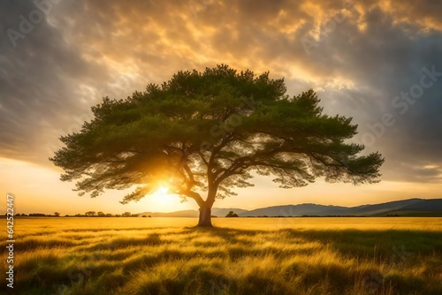A lone tree on a vast meadow  under a golden sunset sky