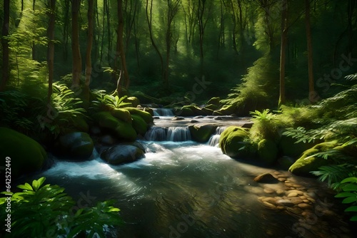 A lush forest with sunlight filtering through the trees and a gentle stream