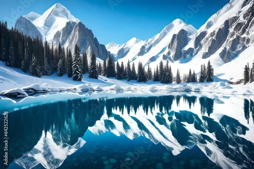 A majestic mountain range, covered in snow, with a crystal-clear lake reflecting the towering peaks © Muhammad