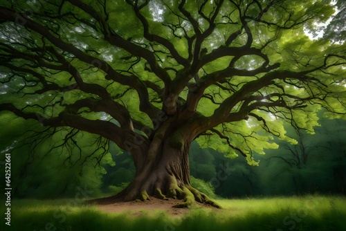 A majestic oak tree standing tall in a lush green forest