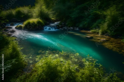 A meandering stream with crystal-clear water and salmon swimming upstream © Muhammad