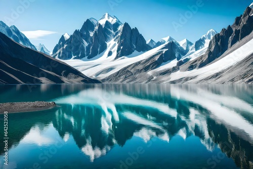 A mountain range mirrored in the calm waters of a glacial lake