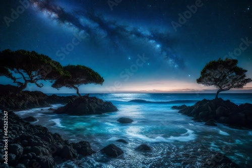 A ocean scene in the night and stars above the sky