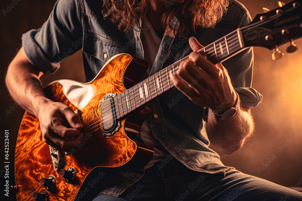 Obraz premium Close-up of the hands of a man playing the electric guitar